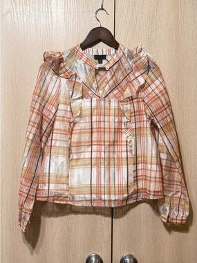 Current Air Striped Plaid Blouse in Peach, Cream, Tan and Burgundy